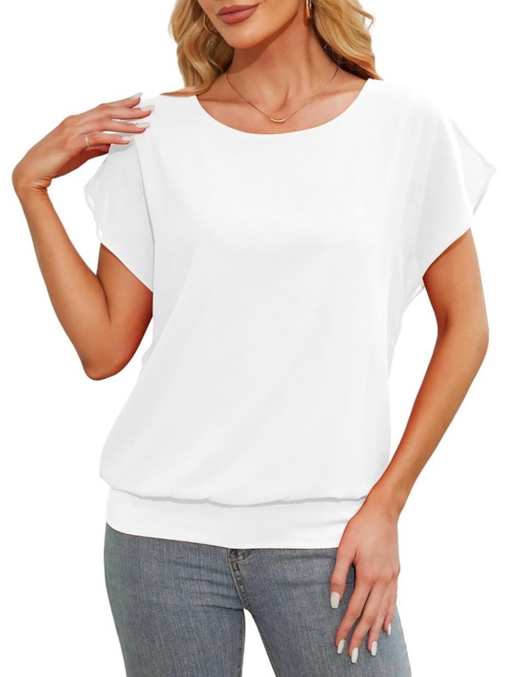 Women's White Comfortable Flutter Short Sleeves Chiffon Blouse Casual Dressy Top